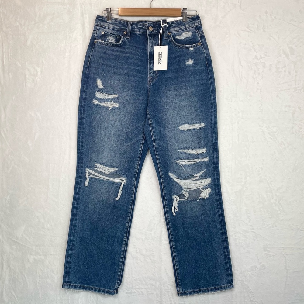 Zenana Grunge Jeans Super High Rise Distressed Straight Cut Denim Pants Size 28